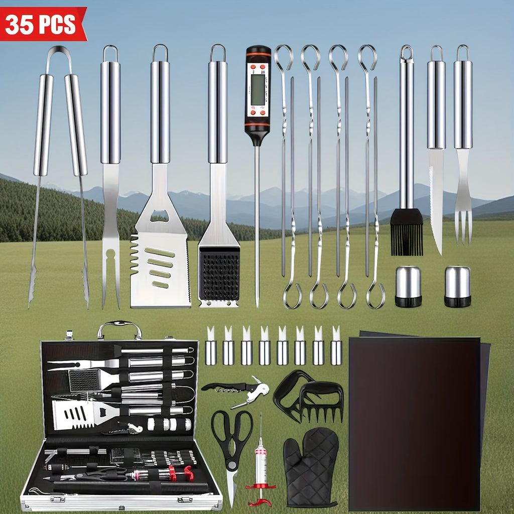 Thirty-Five-Piece BBQ Grill Tool Kit with Thermometer, Two Grill Mats, Heat Glove and Carry Case — image 1