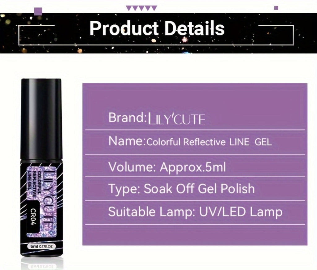 Reflective Liner Nail Art Gel Six-Bottle Set with 5ml CR01 to CR06 Colors and Slim Brushes for Detail Lines — image 13