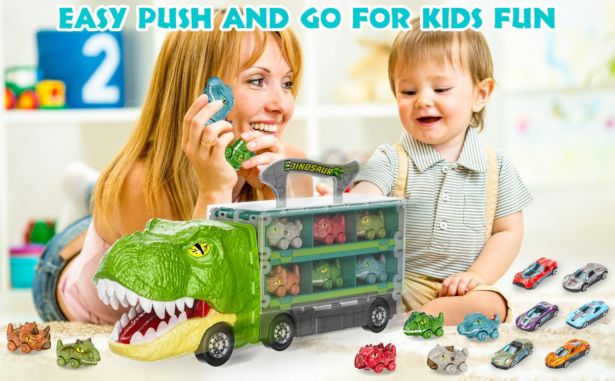 Dinosaur Truck Toys 13-in-1 Transport Carrier with 63-Inch Foldable Race Track, 6 Dino Cars + 6 Die-Cast Cars — image 14