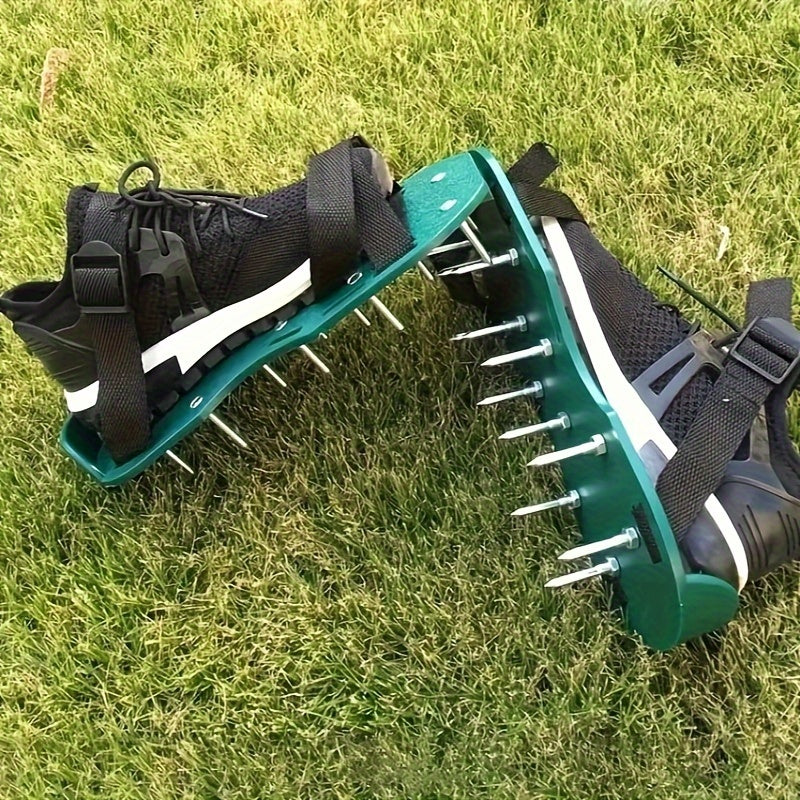 Lawn Aerator Shoe Pair with Green Platforms, Adjustable Black Straps and Spiked Soles for Walking Use — image 1