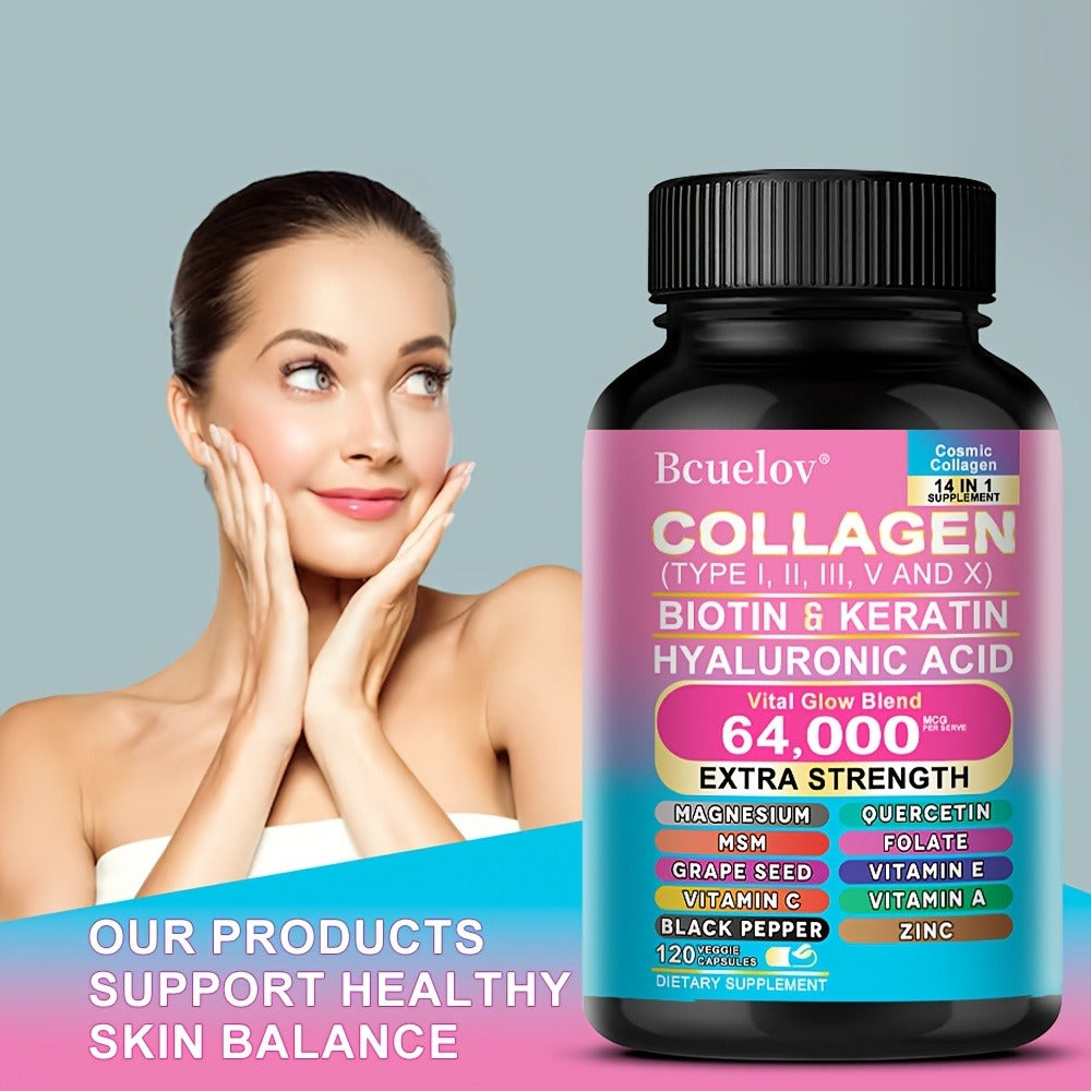Collagen Capsules Types I II III V X with Biotin Keratin Hyaluronic Acid, Supports Skin Elasticity Hair Growth & Nail Strengt