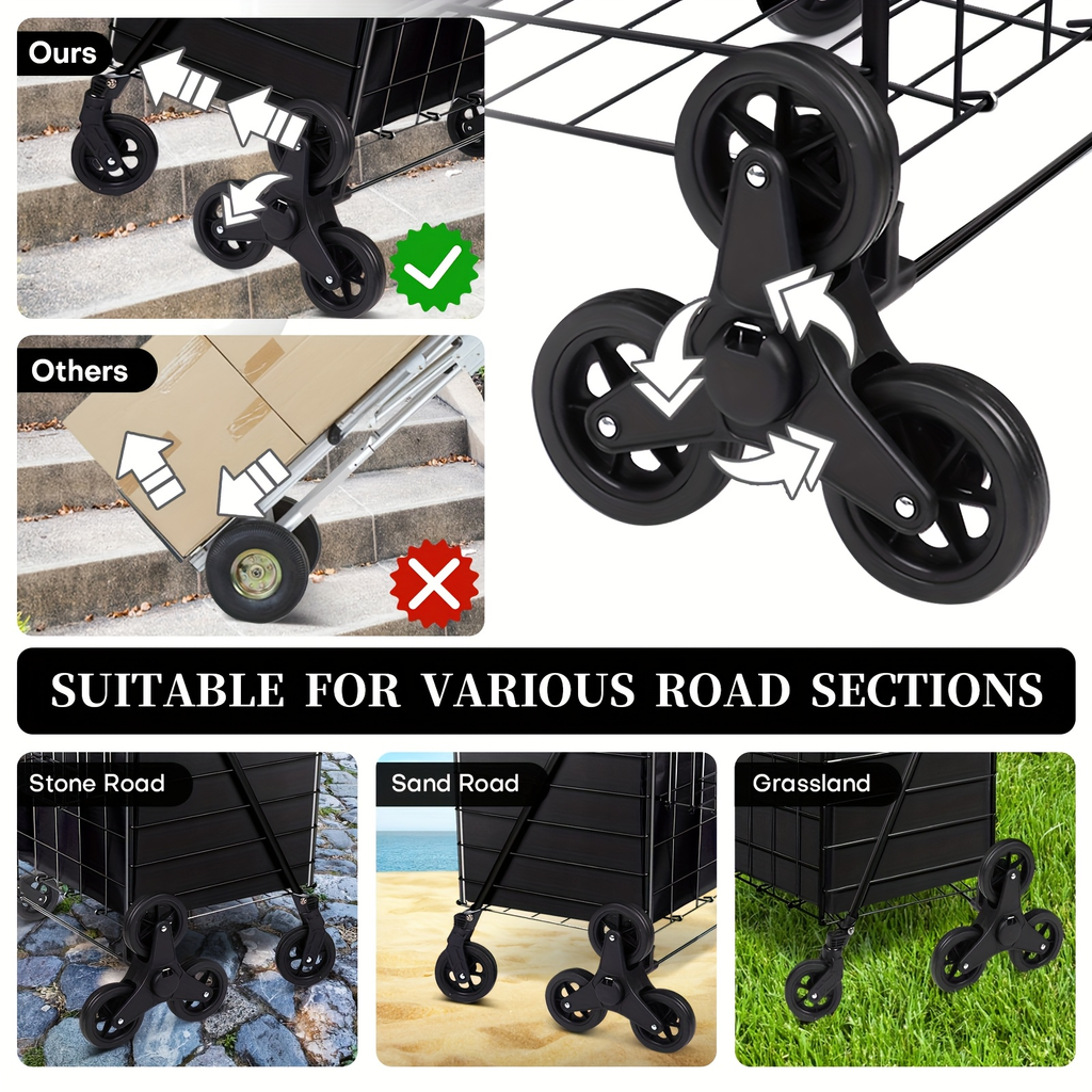Stair Climbing Cart 8 Wheels 100 LBS Capacity Collapsible Utility Cart Foldable Grocery Dolly with Dual Basket Stainless Stee