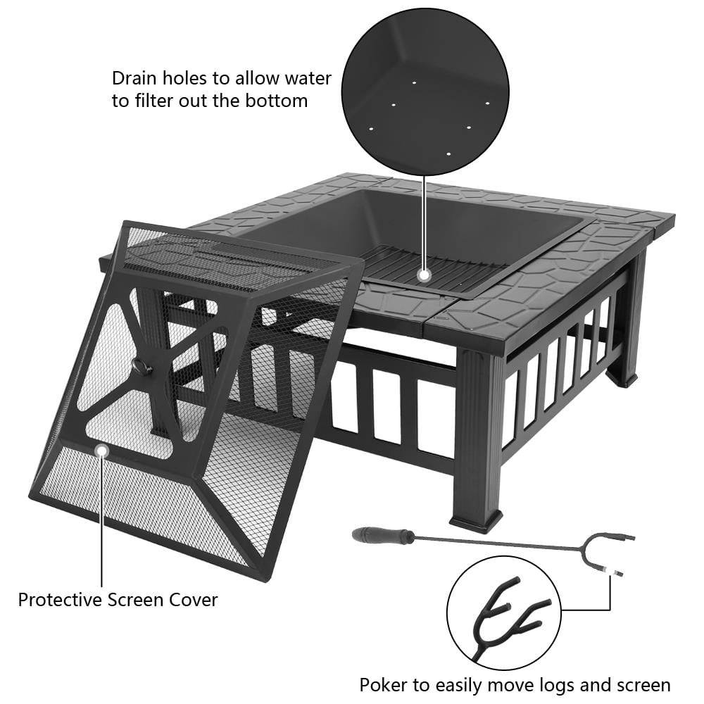 Fire Pit, Square Outdoor Metal BBQ Patio Backyard Camping Fireplace for Grilling, Camping and Outdoor Meals — image 3