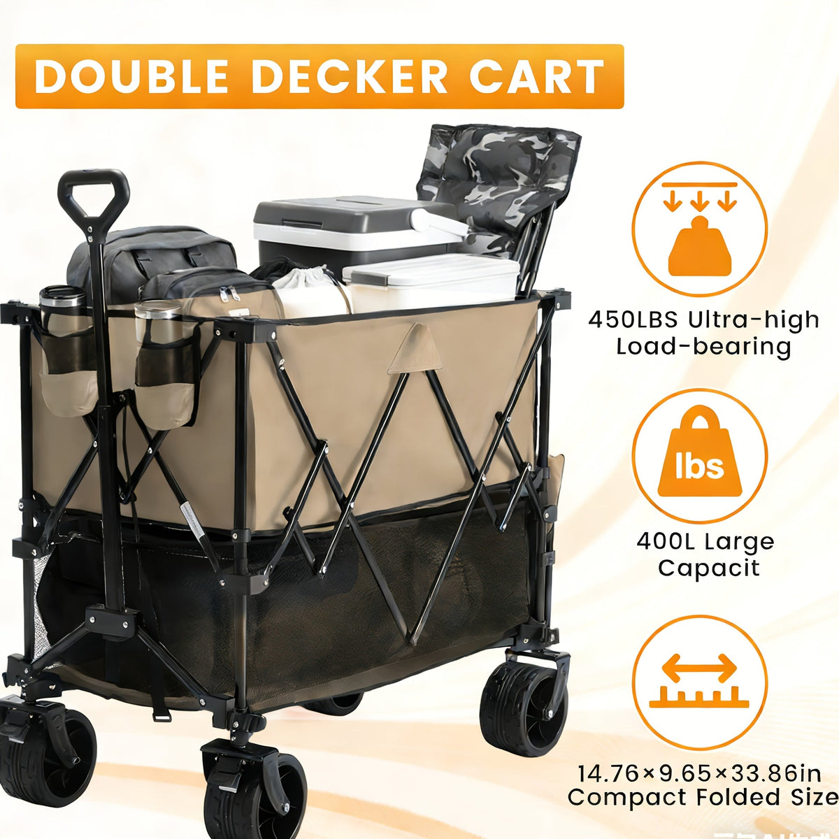 Folding Wagon Cart Double Decker 400L Collapsible Outdoor Utility Cart 54in Extended Shelf Wheels — image 5