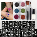 Glitter Tattoo Kit for Kids & Adults, 14 Stencil Sheets 6 Metallic Colors Skin-Safe Body Glue 2 Brushes — image 1
