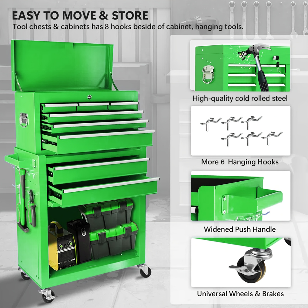 Rolling Tool Chest, 8-Drawer Alloy Steel 2-in-1 Mobile Workbench Detachable Top Lockable Wheels Garage for Garden — image 9