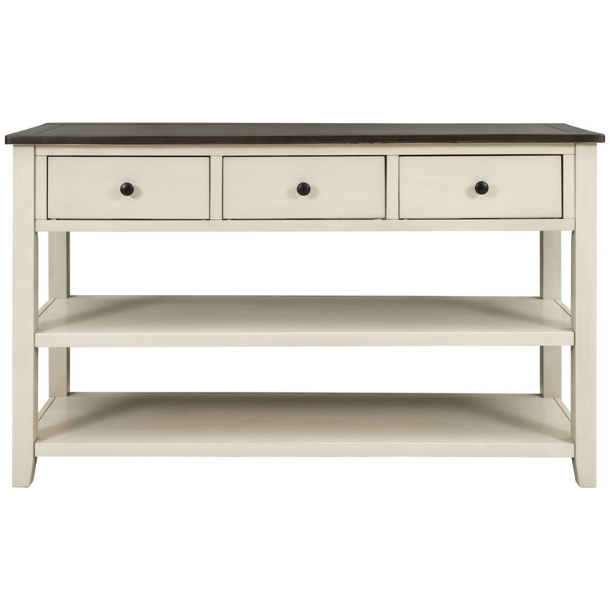 Retro Design Console Table with Two Open Shelves, Pine Solid Wood Frame and Legs for Living Room (Espresso+Beige)