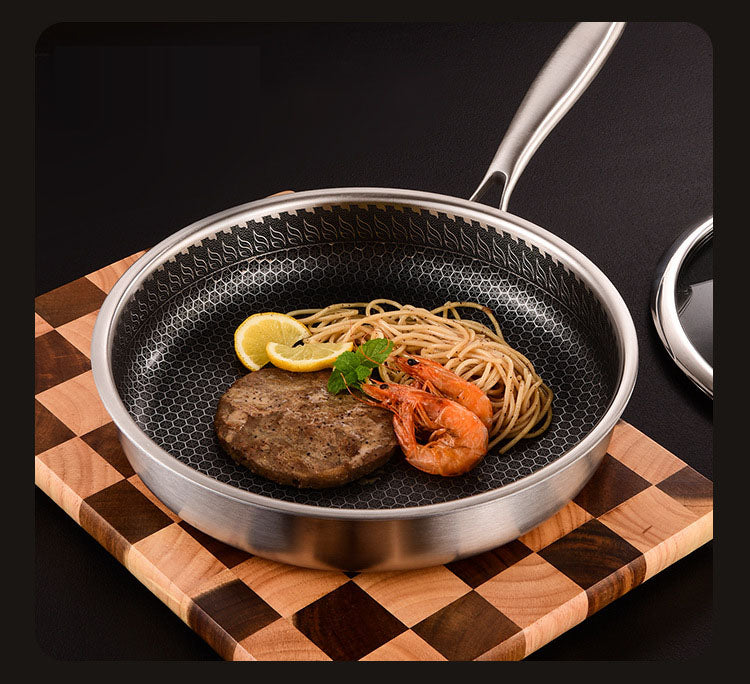 304 stainless steel honeycomb frying pan, non stick, household flat bottomed pan for frying steak, pancakes, and fried eggs, pan - V.I.P Digital Presence