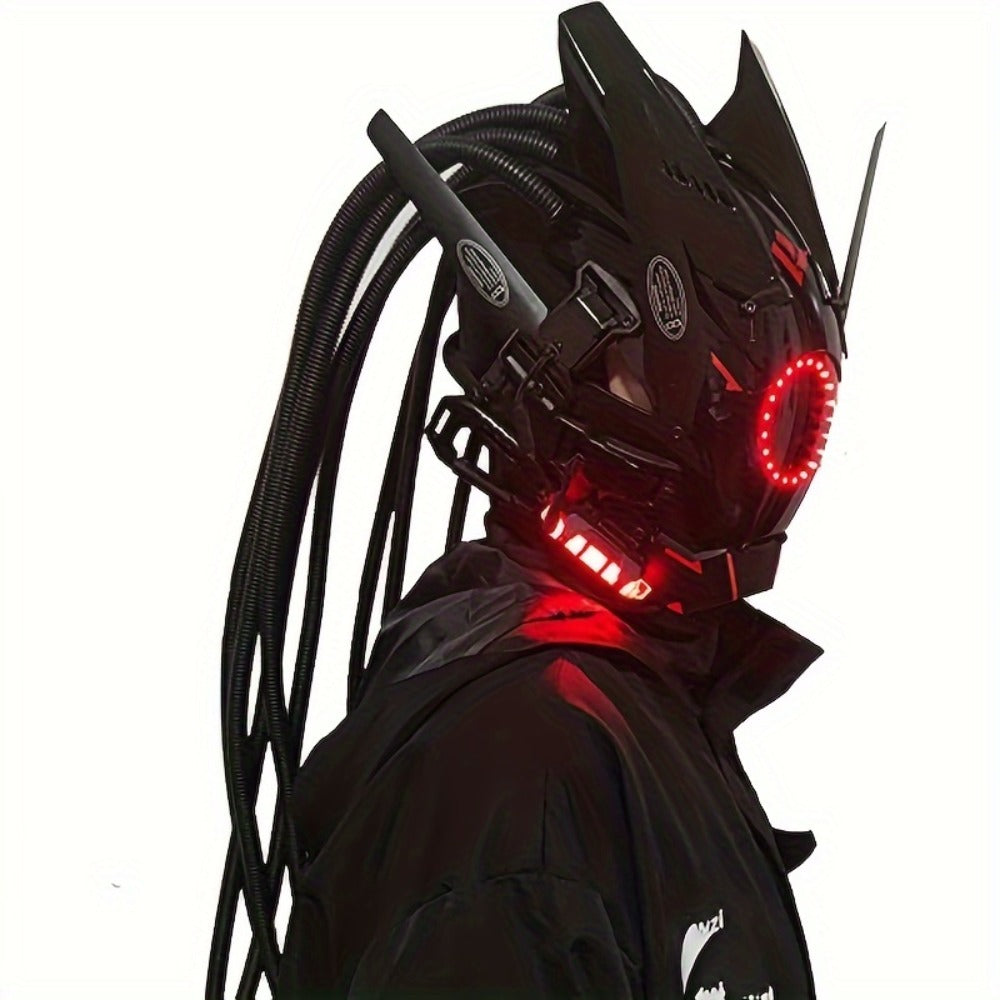 LED Braided Cyberpunk Costume Helmet with Circular Face Light and Blue, Green or Pink Accent Styles — image 17