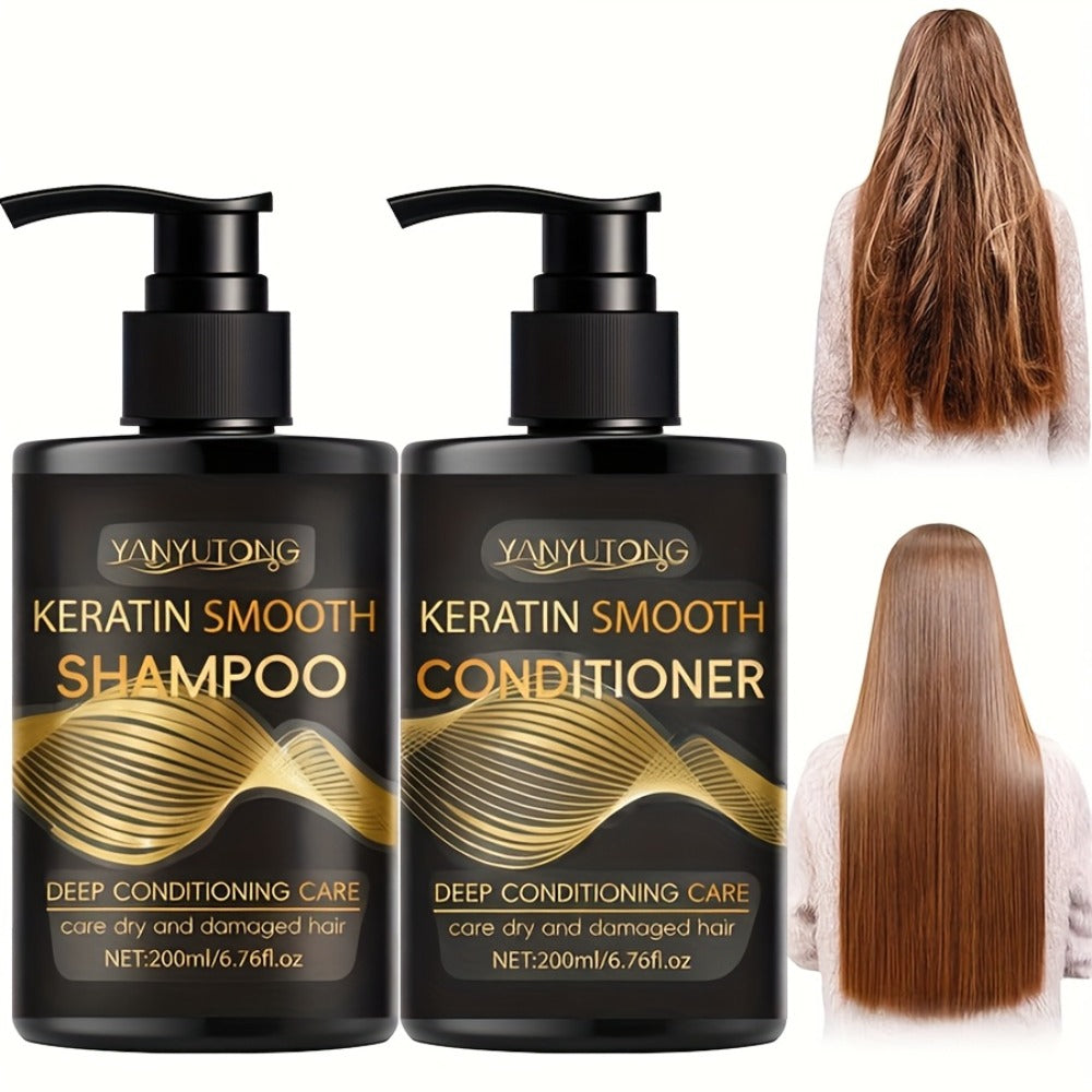 Keratin Shampoo and Conditioner Set 400ml, Breakage Split Ends & Anti-Frizz, Silky Smooth Hair for Color-Treated Heat-Damaged