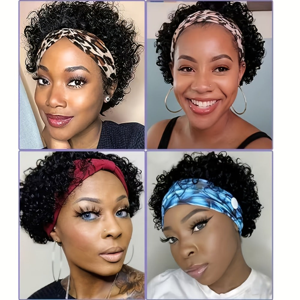 Kinky Curly Headband Wig Human Hair Brazilian 150% Density Glueless 6 Inch | No Glue No Gel Black Burgundy Rust | Beginner Fr