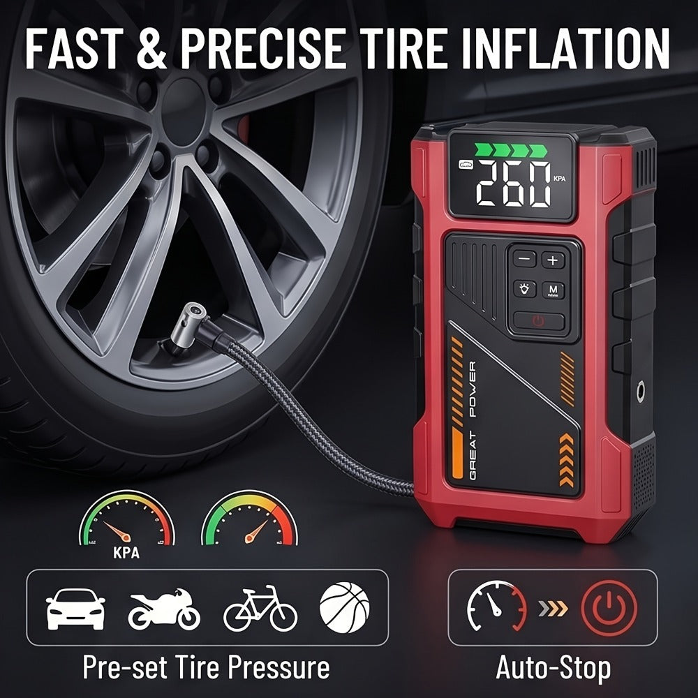Portable Jump Starter 9-in-1 with Air Compressor – 12V Car Battery Booster for 8.0L Gas & 6.5L Diesel, USB-C, LED Emergency L