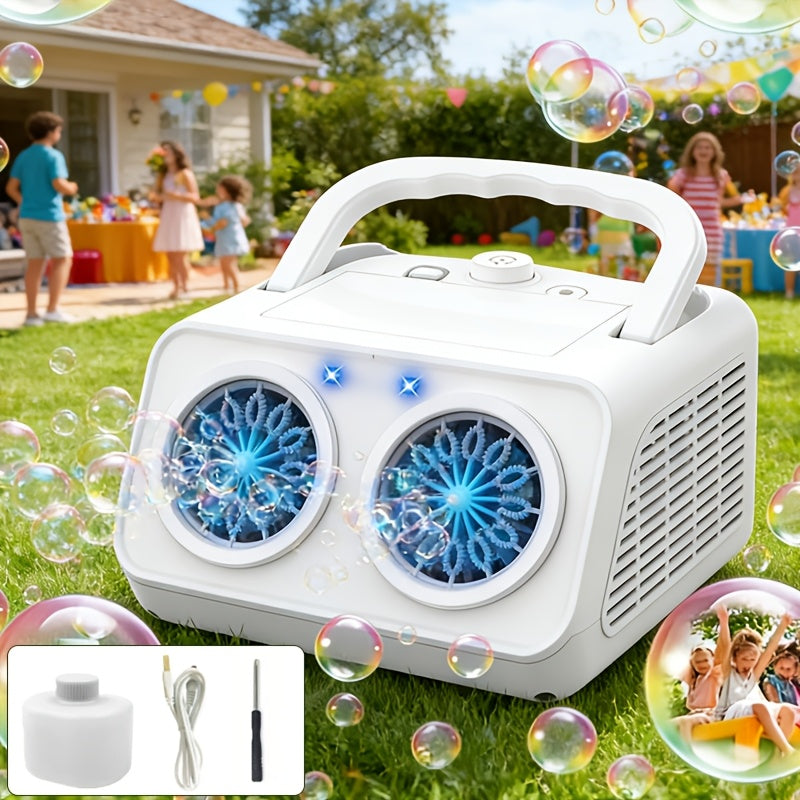 White Dual-Wheel Bubble Machine with Material Thickened Label, Handle, USB Port and Battery Compartment — image 1