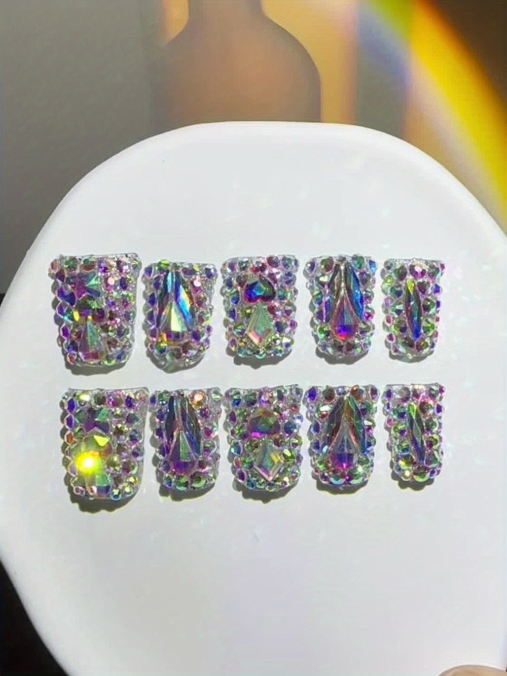Press On Nails 10-Piece Short Duckbill Set with Glossy Mixed Colors, AB Crystals and Gel Adhesive Tabs — image 8