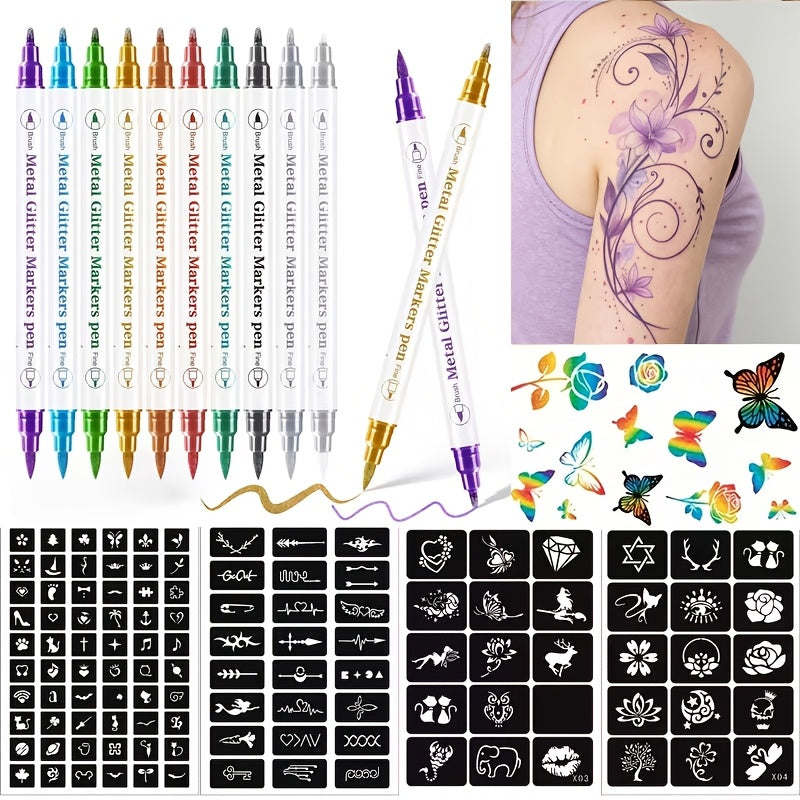 Double-Ended Tattoo Pen Set 10 Pcs with 114 Templates & Butterfly Stickers, Waterproof Sweat-Resistant DIY — image 10