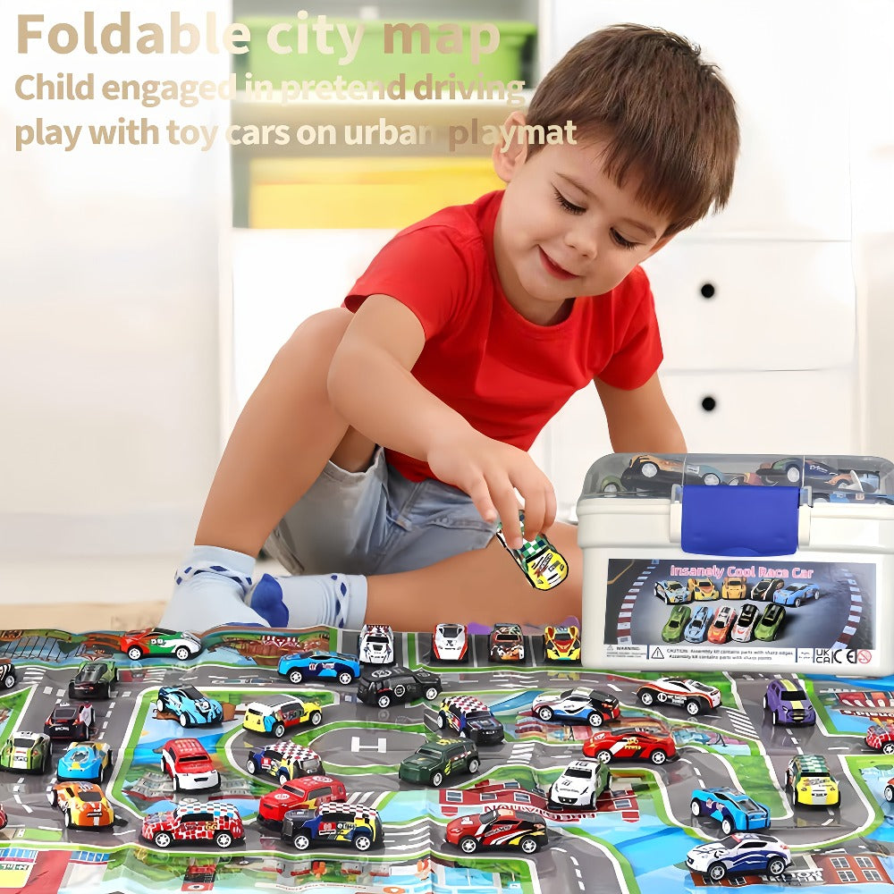 64 Pcs Pull Back Toy Car Set with City Map, Traffic Signs & Storage Box, 56 Mini Die-Cast Vehicles for Kids Boys Girls Ages 3