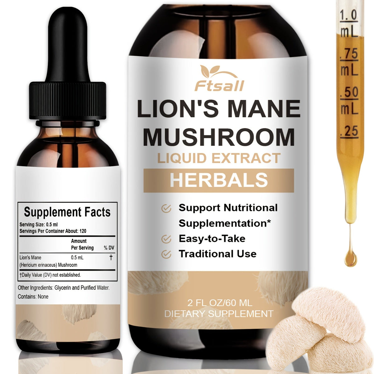 Lion's Mane Mushroom Liquid Drops 2fl oz Natural Herbal Extract for Brain Support, Focus, Memory & Cognitive Clarity for Men 