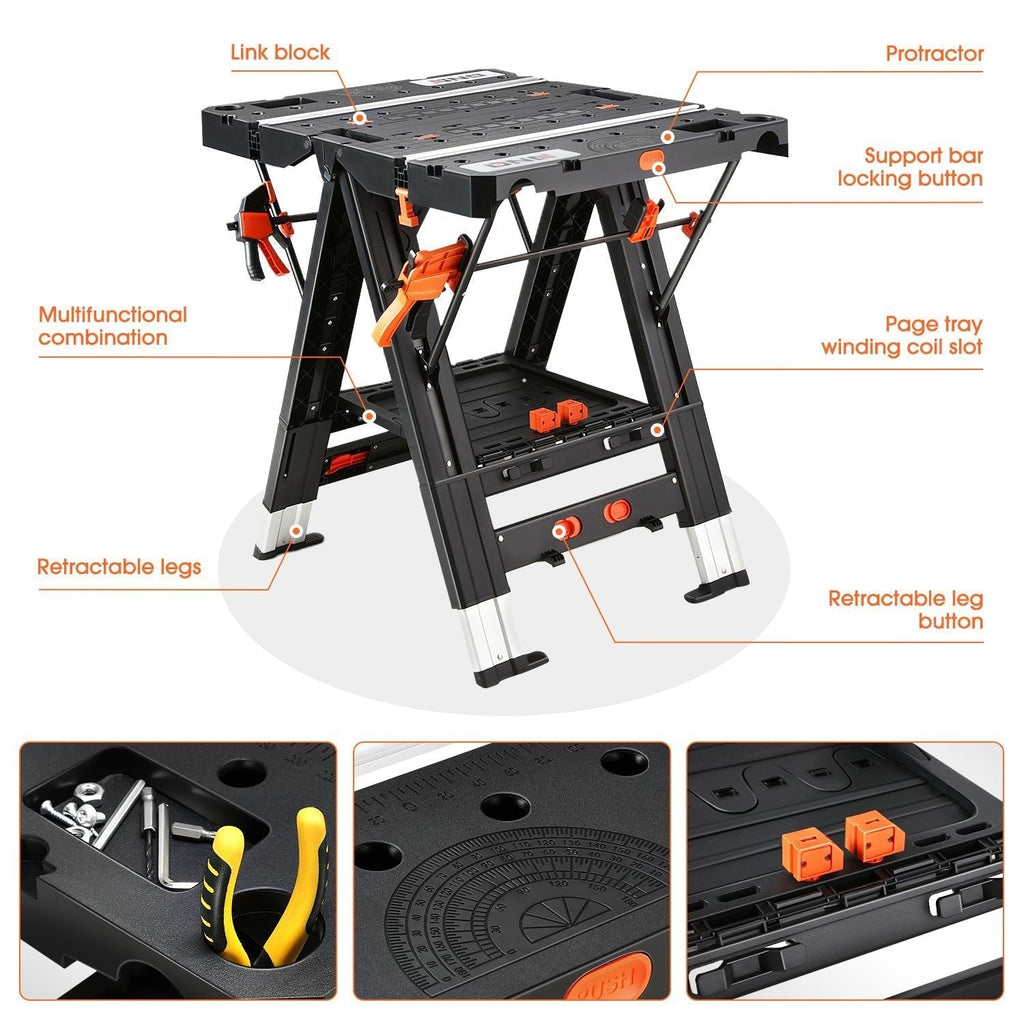 Orange-and-Black Folding 31.1 x 25-Inch Workbench and Sawhorse with Clamps, Blocks and Tool Tray — image 4
