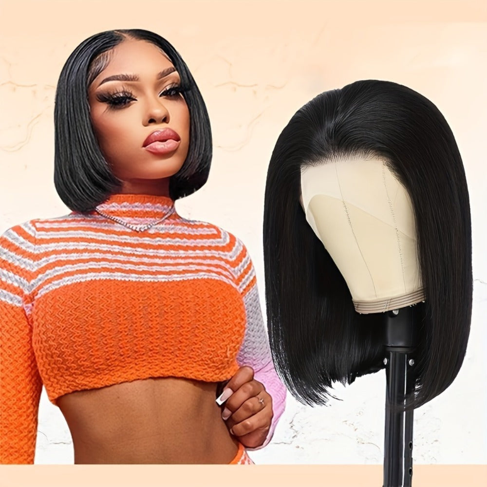 Straight Bob Human-Hair 4x4 Lace Closure Wig in Black with 8, 12, 14 or 16-Inch Length Options — image 1