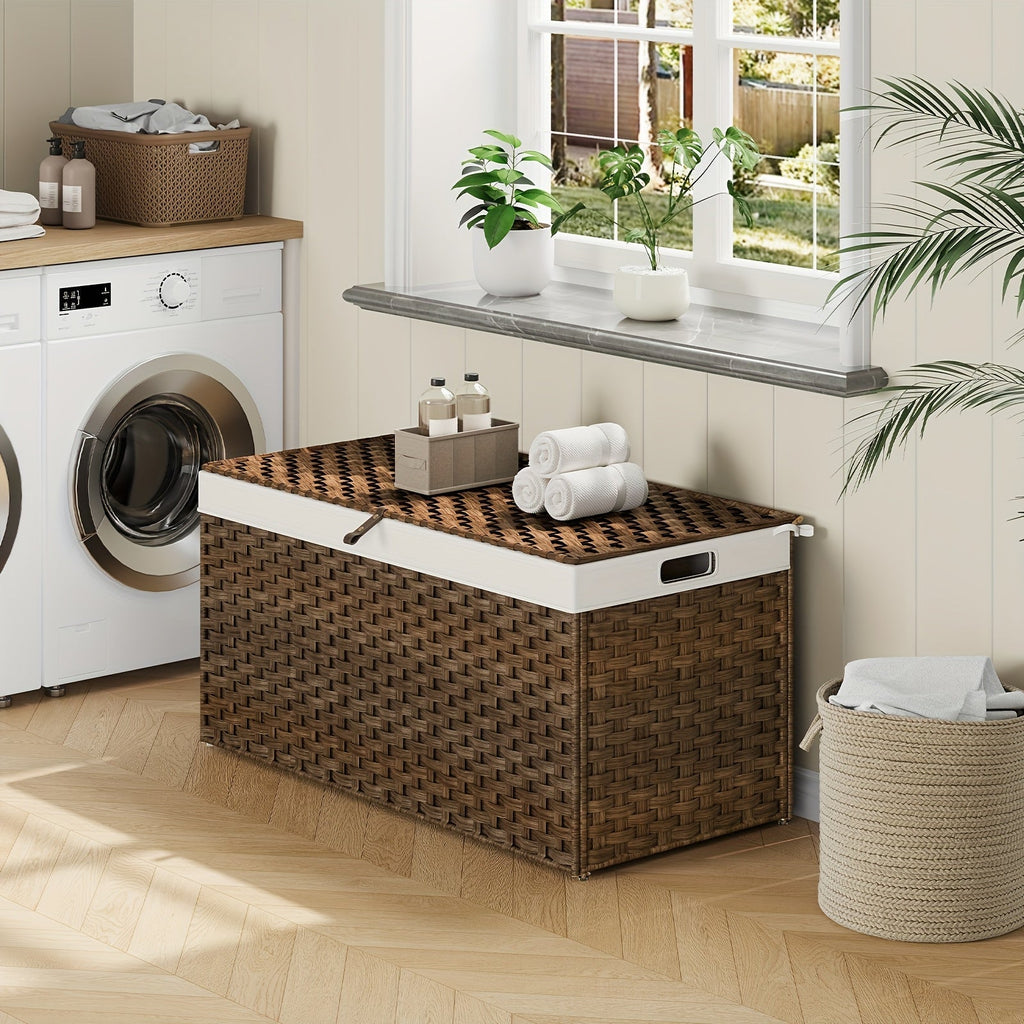 Large Wicker Storage Basket with Lid, Handles, Soft Lining, Metal Frame in a 220L Lidded Format — image 2