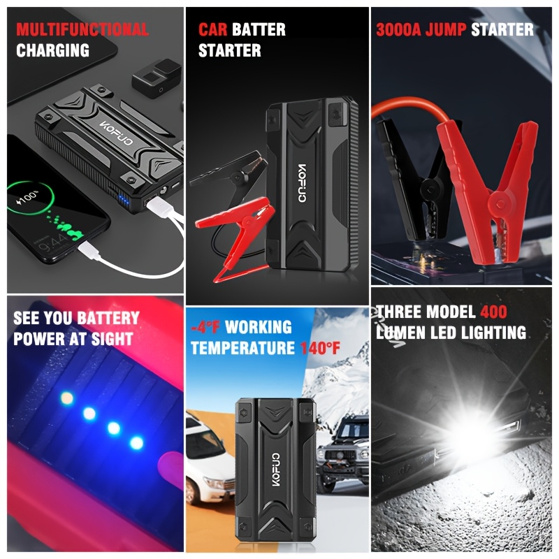 Car Jump Starter Power Bank 3-in-1 12V Battery Booster Charger LED Flashlight SOS for Cars Motorcycles for Garden, Patio and 