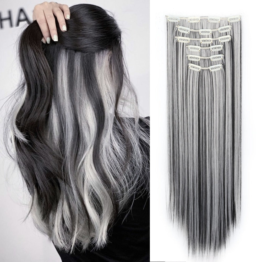 Space Gray Clip In Hair Extensions 6 Piece Set 24 Inch Heat Resistant Synthetic Fiber – Instant Length & Volume for Women | D