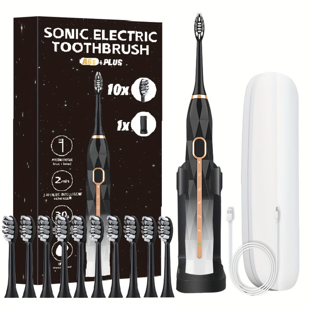 IPX8 Sonic Electric Toothbrush with 8 Replacement Brush Heads – Metal Shaft, USB Rechargeable 500mAh, Travel Case & Holder — 