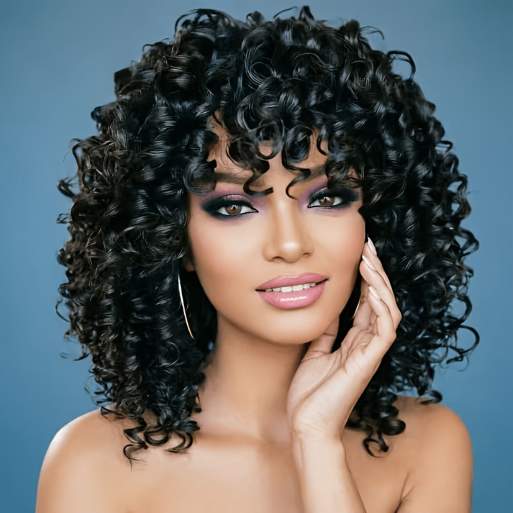 Synthetic Wig 14-Inch Deep-Wave Curly Bob with Bangs, Glueless Elastic-Band Cap for Daily Styling — image 6