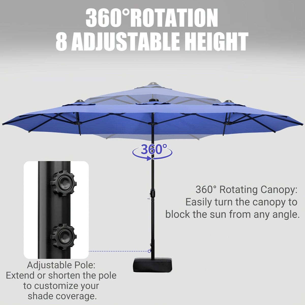 Patio Umbrella 15x7.5FT Double-Sided Style with Crank and Four Blue, Red, Khaki or Lake-Blue Options — image 10