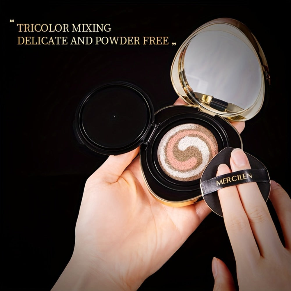 Air Cushion BB Cream Foundation Moisturizing Medium Coverage Dewy Finish with Plant Squalane Glycerin Tri-Color Adaptive Blen