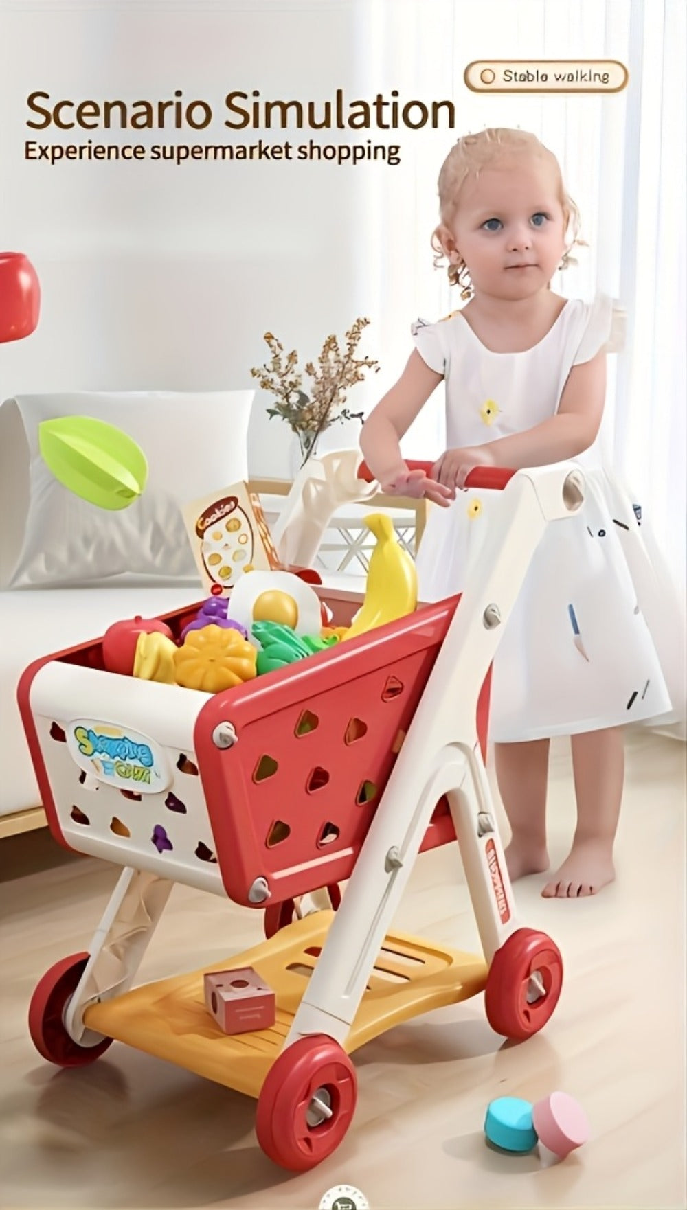 Kids Pretend Play Shopping Cart Toy Set with Realistic Food & Grocery Accessories, Supermarket Role Play for Toddlers Girls B