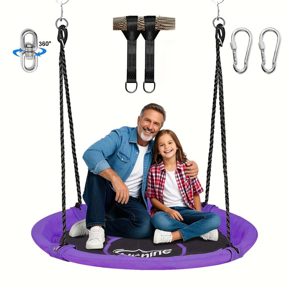 43 Inch Saucer Swing for Kids Outdoor, 360° Spinning Nest Swing with Swivel, Adjustable Ropes & Hanging Straps for Tree or Sw