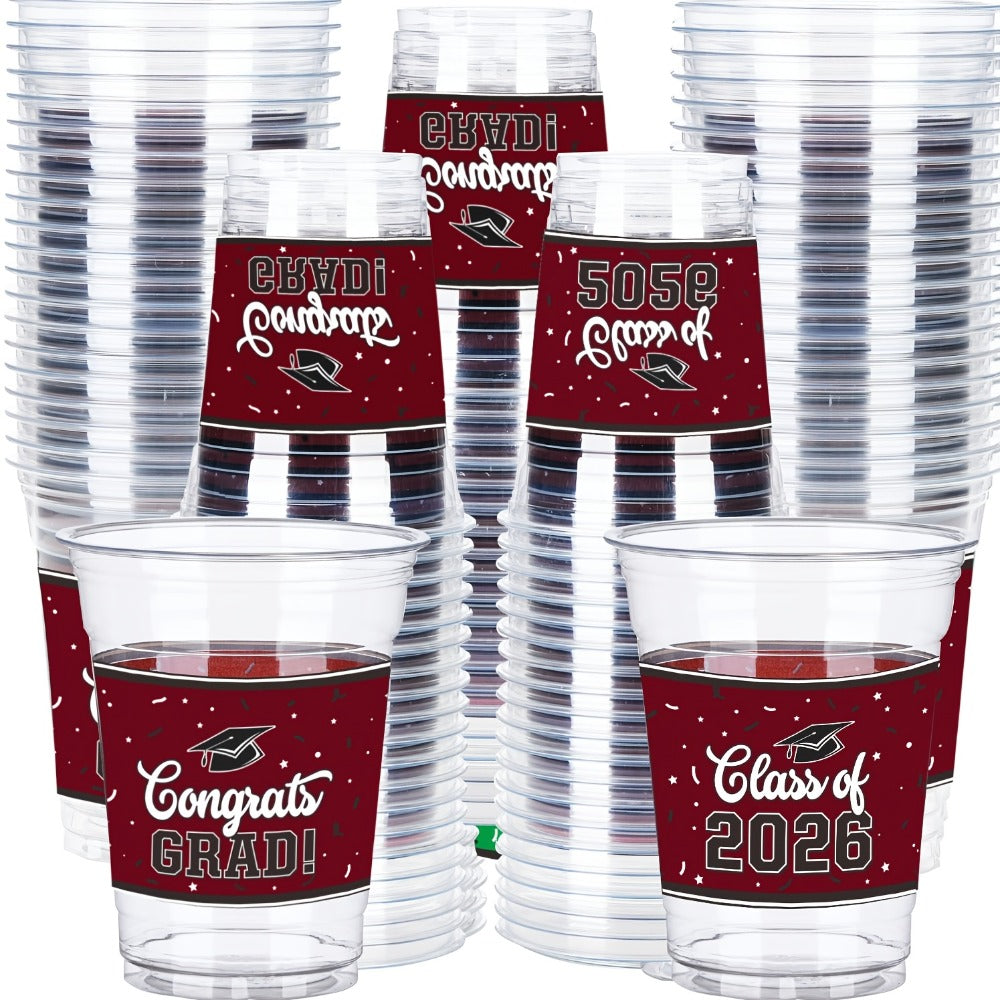 Graduation Plastic Mugs 100 Pack 14oz, 2026 Graduation Party Cups in Black Red Blue Green Purple Maroon for Graduation Ceremo