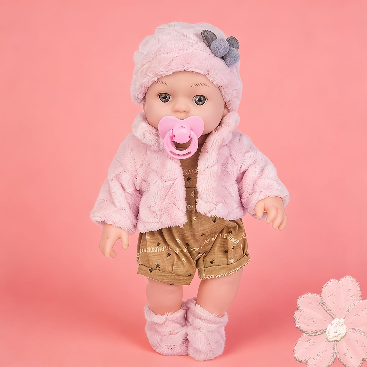 Reborn Doll, 12-Inch Mini Figure with Pink Hat, Socks, Clothing and Optional Pacifier Sets — image 1