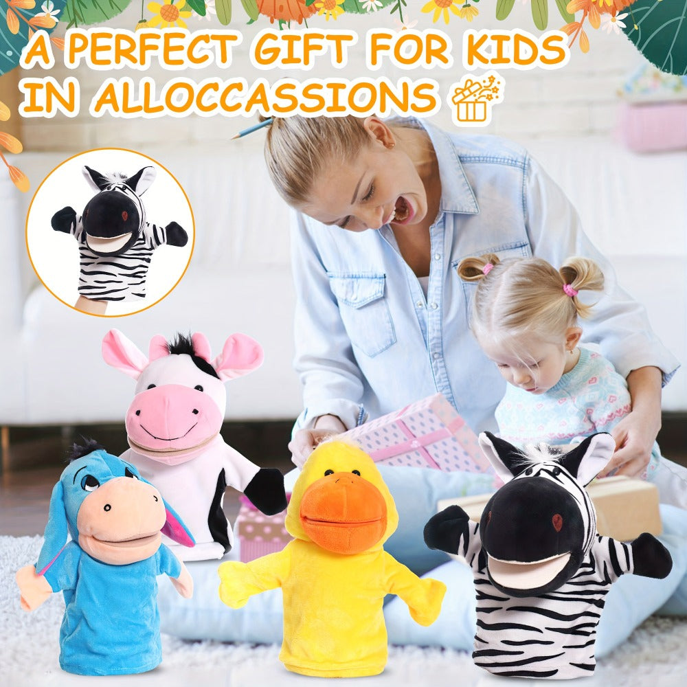 Four-Piece Animal Hand Puppet Set with Blue Donkey, Yellow Duck, Zebra and Pink Cow Designs — image 4