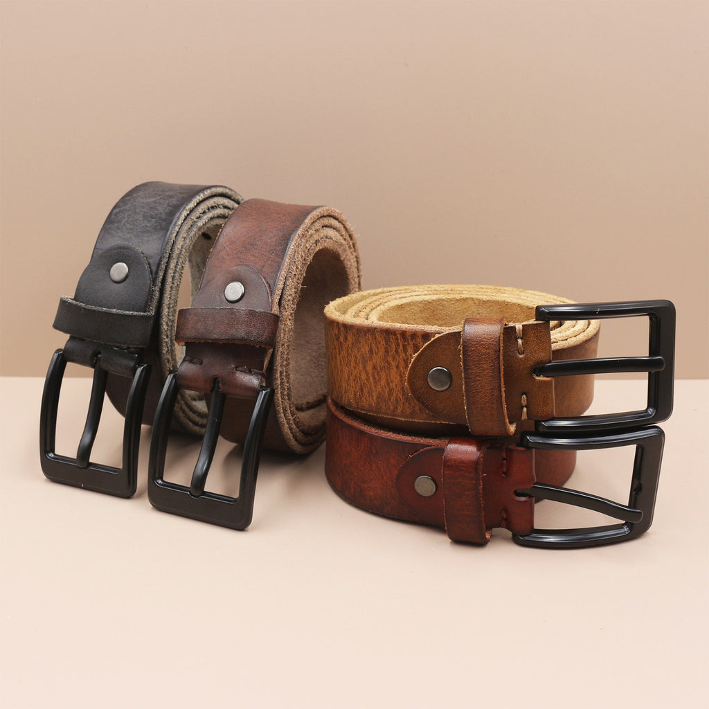 Korean Style Personality Top Layer Leather Pin Buckle Black Buttons Men's Leather Belt