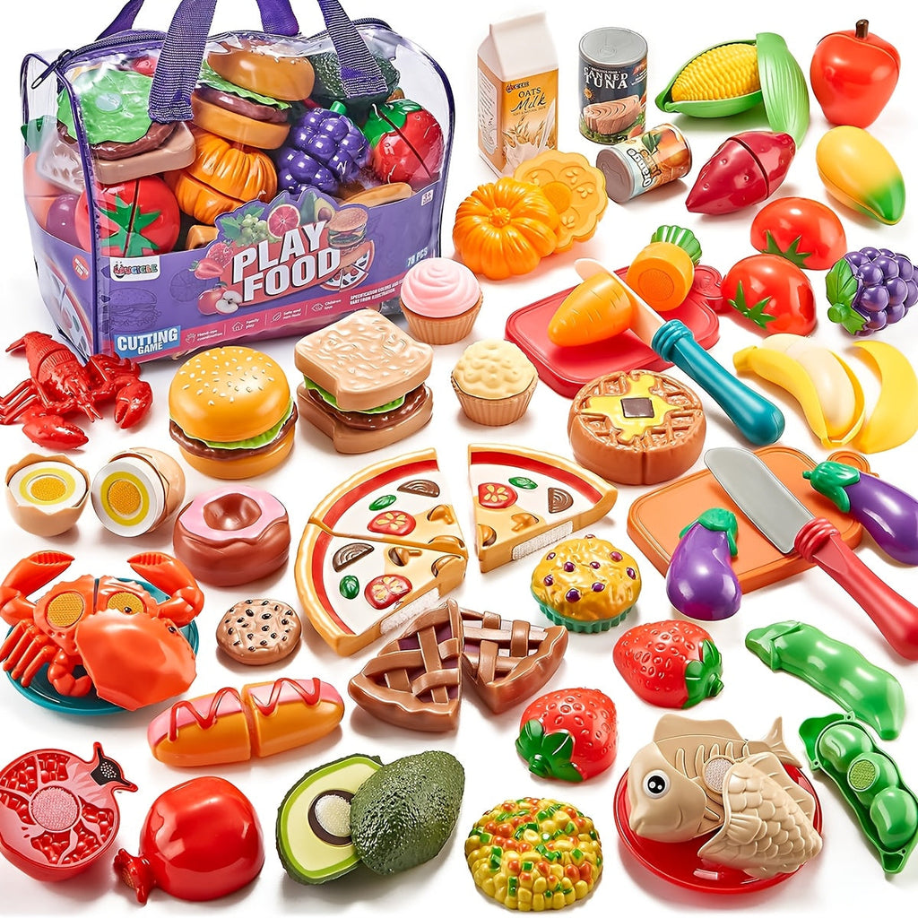 78 Pcs Kids Kitchen Toy Set with Storage Bag - Pretend Play Dinnerware, Fake Fruits & Vegetables — image 1
