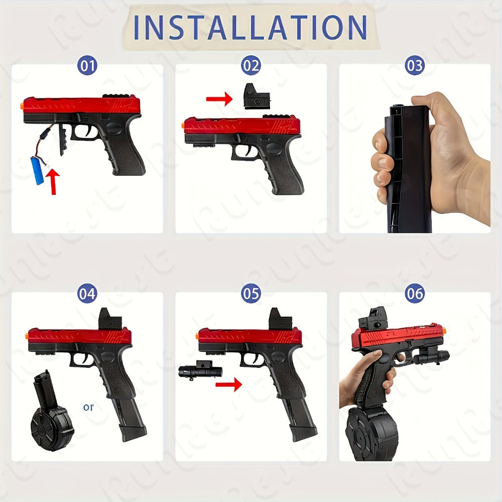 Compact Red-and-Black Electric Gel Blaster Set with Drum, Two Magazines, Sight, Goggles and USB Cable — image 5