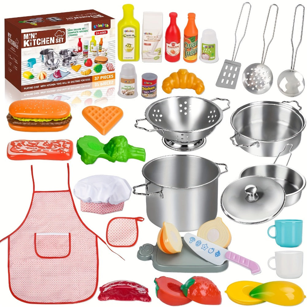 Kids Kitchen Playset 37pcs, Stainless Steel Play Pots & Pans Set with Apron, Chef Hat, Cooking Utensils & Play Food — image 1