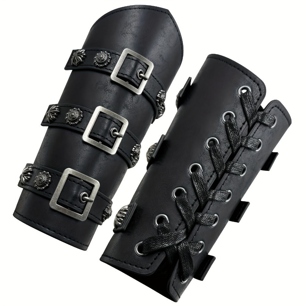 Viking Medieval Leather Arm Guards Bracers – PU Leather Knight Gauntlets Adjustable Metal Buckles Rivets for Men Women Hallow