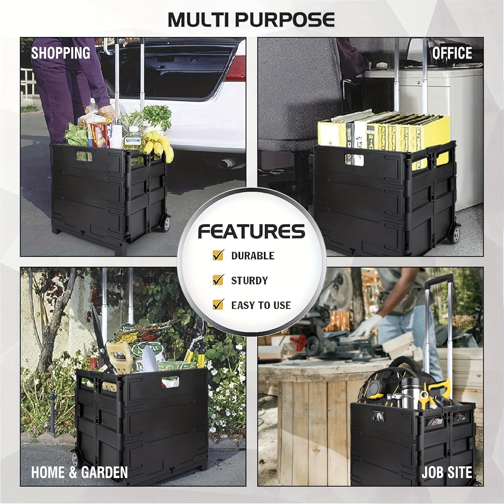 Collapsible Rolling Cart with Wheels – 80 Lbs Heavy Duty Foldable Crate on Wheels for Teachers, Shopping & Storage, Lid Doubl