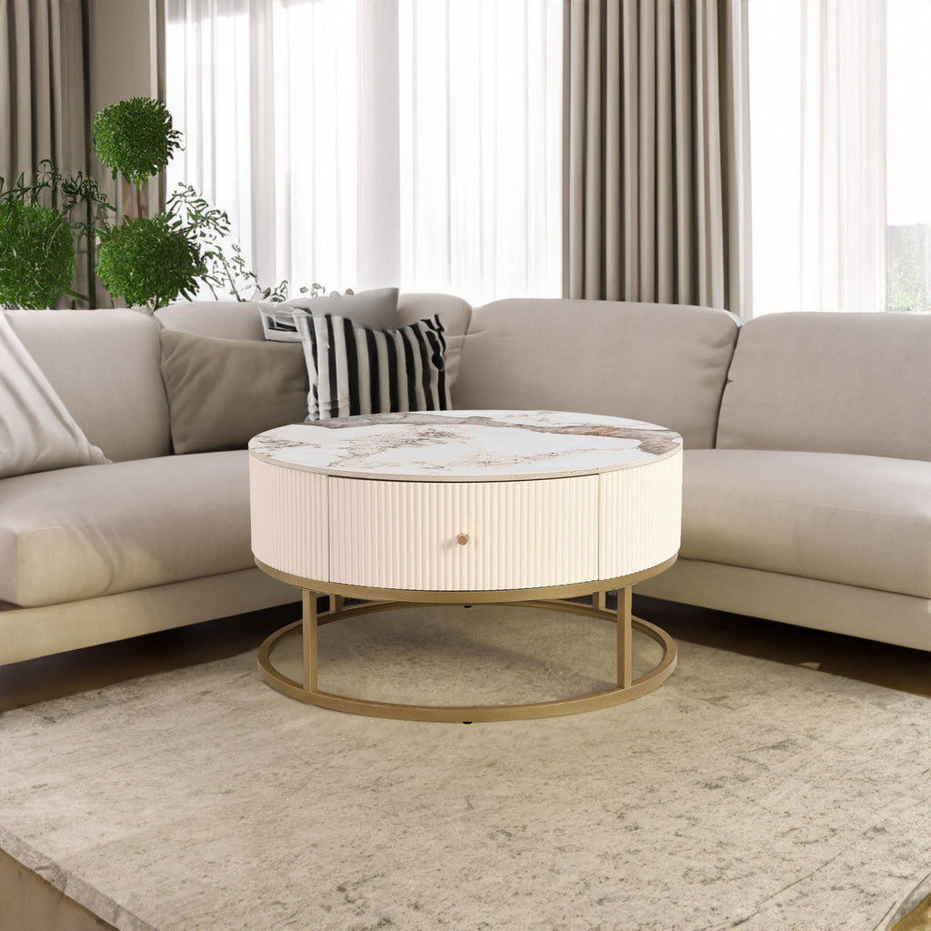 31.5 Inch Modern Round Coffee Table with Drawers, Marble Table with Storage, Coffee Table for Living Room