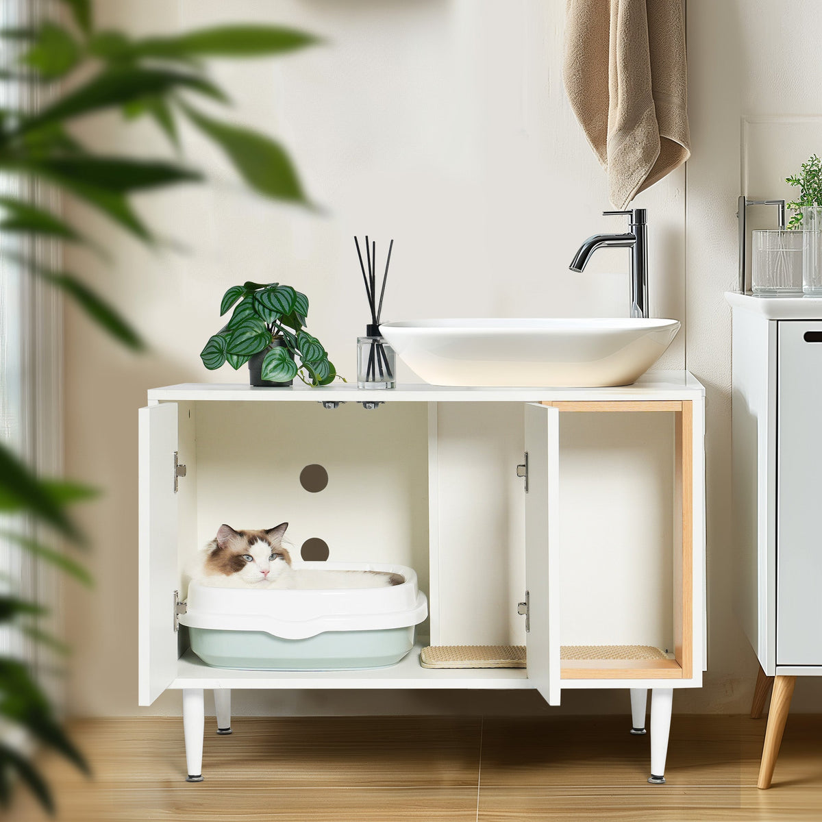 Bathroom sink cabinet, with cat trash can shell, hidden garbage pet bathroom, with partition, wooden cabinet furniture, white