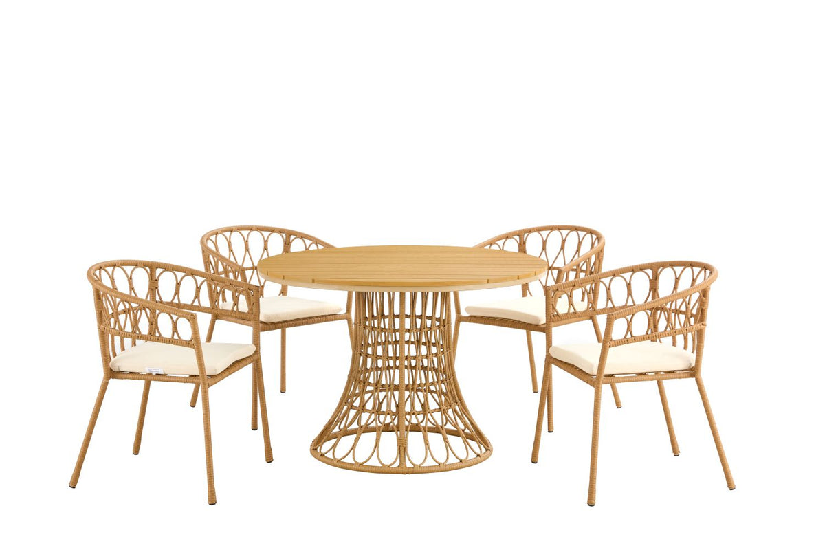 Outdoor dining set of 5 simple bamboo dinning table  PE ratten round table 110CM plastic wood top - V.I.P Digital Presence