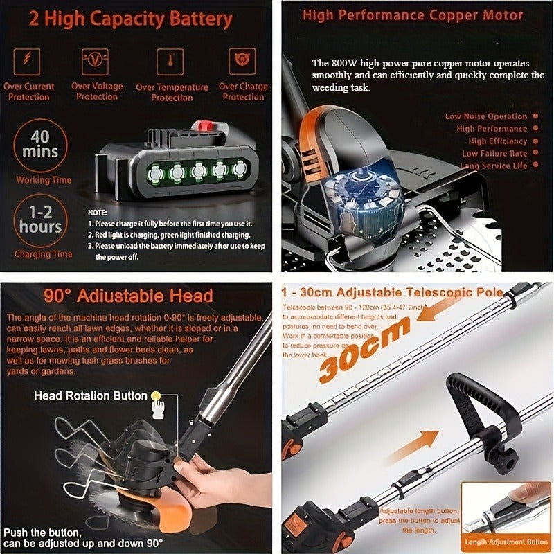 Cordless String Trimmer 24V 800W, Weed Wacker with 2 Batteries, Charger & 3 Blades, Adjustable Head — image 8