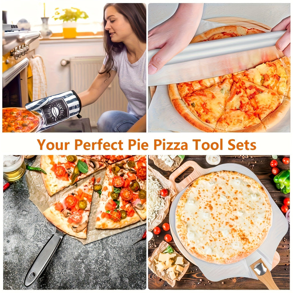 Pizza Stone Set 7-Piece with Tools – Cordierite Baking Stone with Stainless Steel Peel Cutter Brush & Heat-Resistant Gloves |