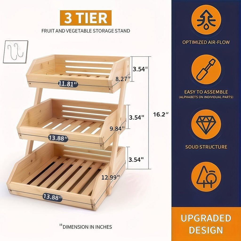 Fruit Basket Stand 2 & 3 Tier Wooden Countertop Organizer Large Capacity Kitchen Storage for Fruits Vegetables Bread Produce 