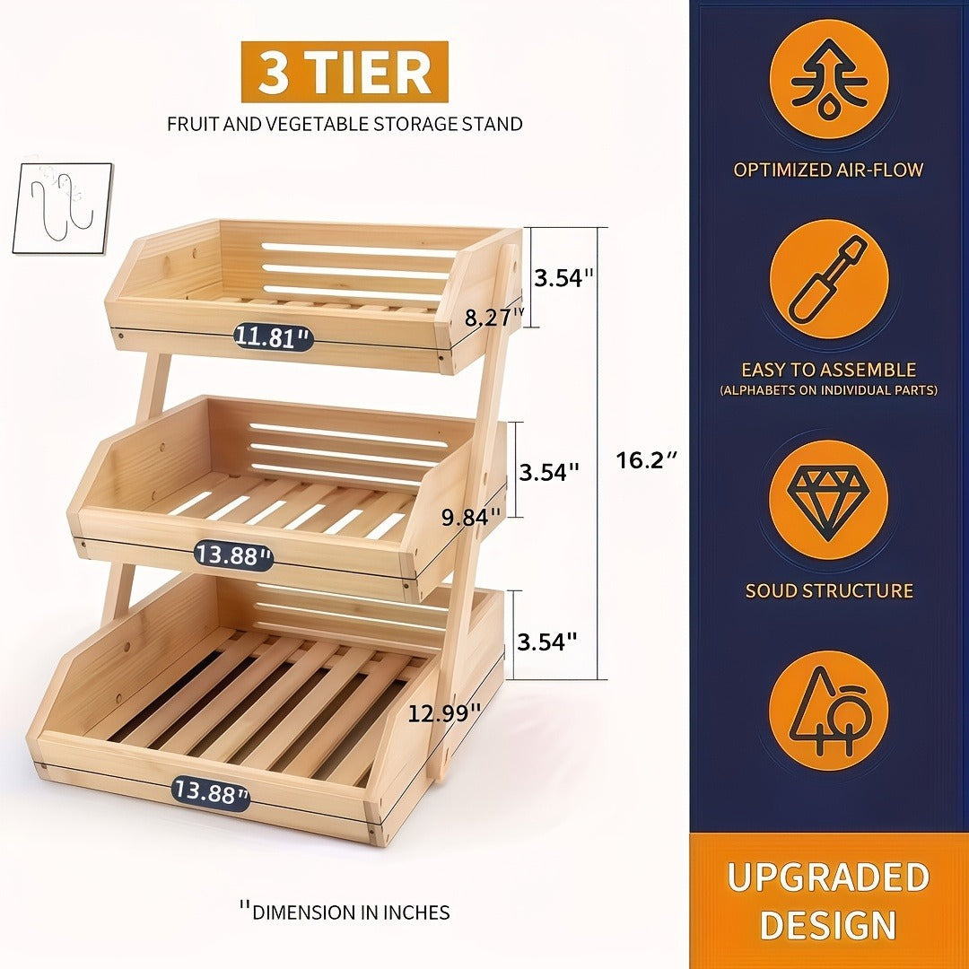 Fruit Basket Stand 2 & 3 Tier Wooden Countertop Organizer Large Capacity Kitchen Storage for Fruits Vegetables Bread Produce 