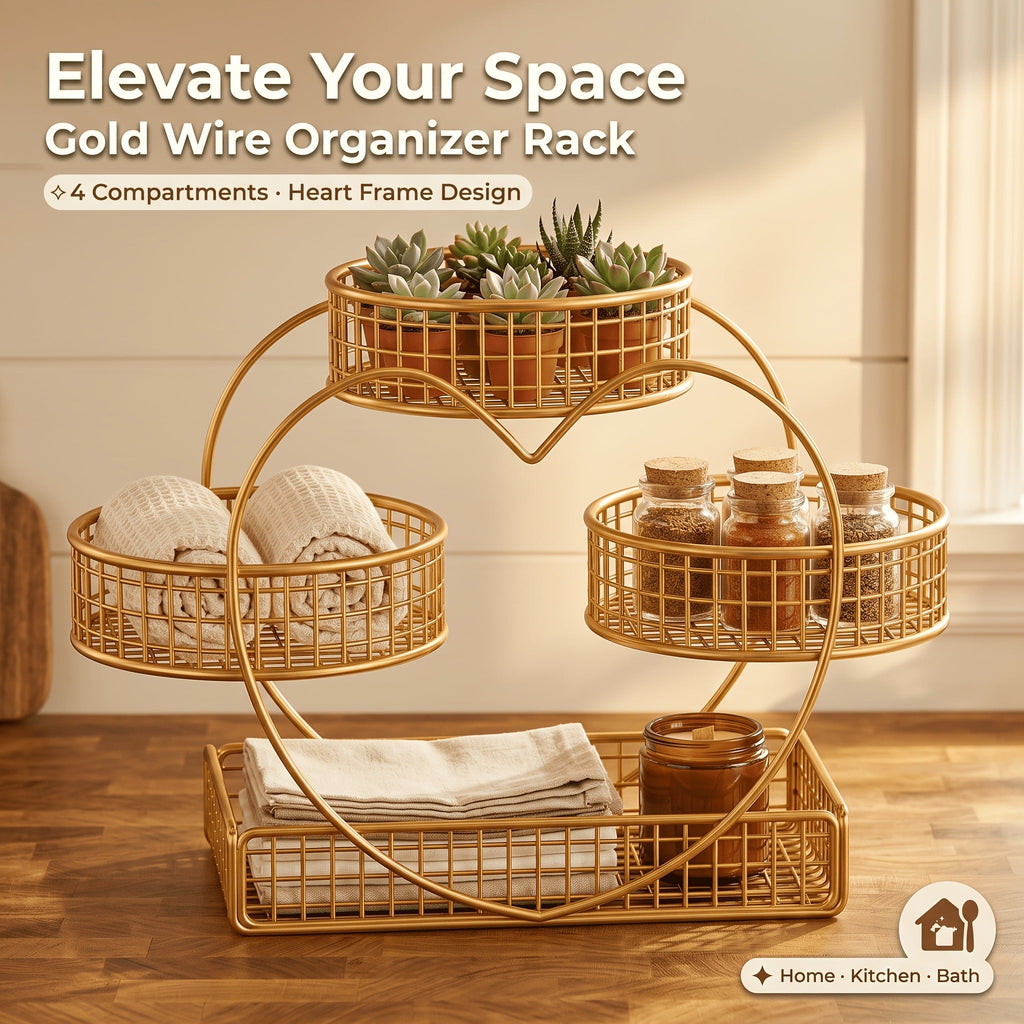 Three-Tier Gold-Tone Wire Fruit Basket with Three Round Bowls and Rectangular Countertop Base — image 6
