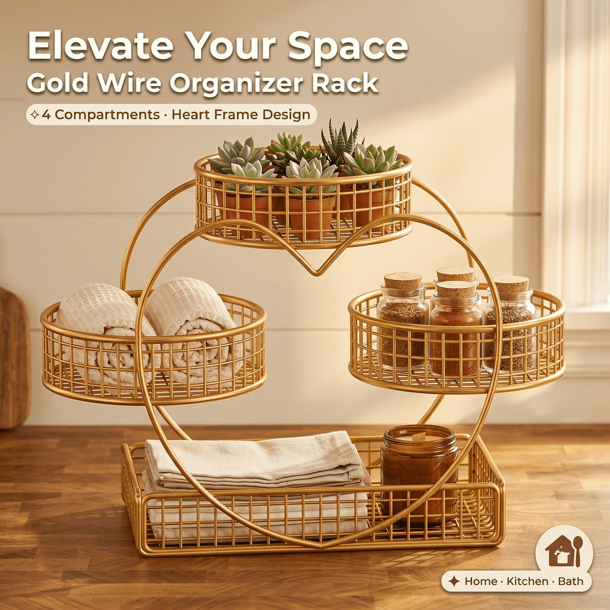 Three-Tier Gold-Tone Wire Fruit Basket with Three Round Bowls and Rectangular Countertop Base — image 6